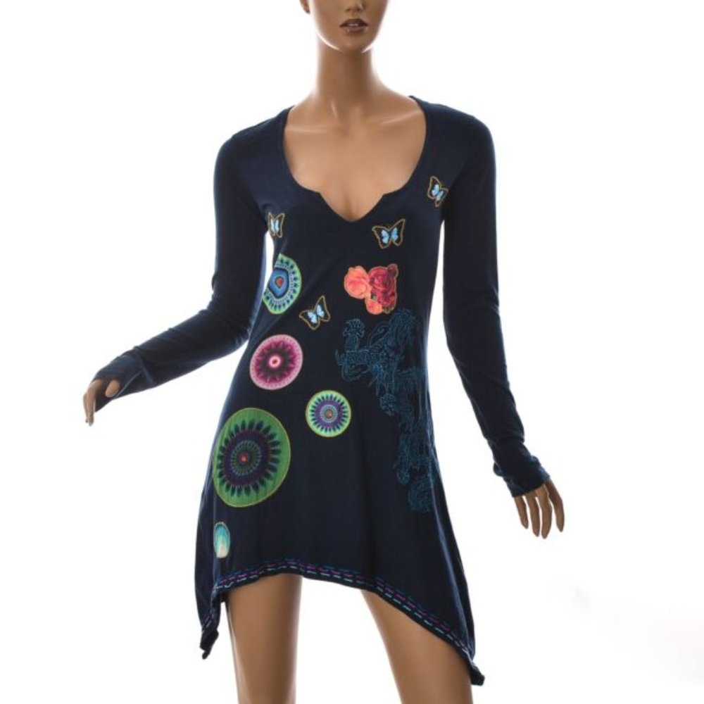 Desigual Radayme Long Sleeve Butterfly Dragon Embellished Tunic Top Size Medium?